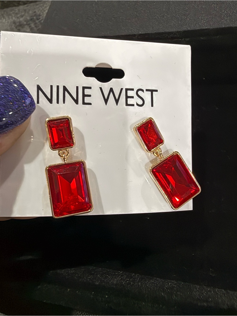 Nine West Red Gold-Tone Rectangular Crystal Drop Earrings